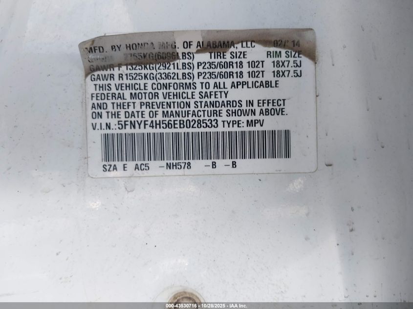 2014 Honda Pilot Ex-L VIN: 5FNYF4H56EB028533 Lot: 43530716