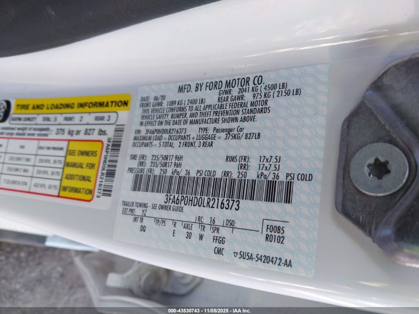 2020 Ford Fusion Se VIN: 3FA6P0HD0LR216373 Lot: 43530743