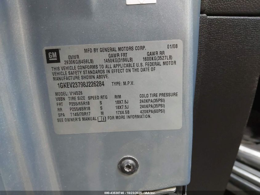 2008 GMC Acadia Slt-1 VIN: 1GKEV23798J226284 Lot: 43530746