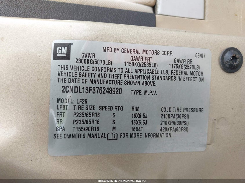 2007 Chevrolet Equinox Ls VIN: 2CNDL13F376248920 Lot: 43530756