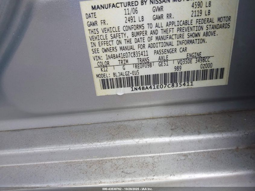 2007 Nissan Maxima 3.5 Sl VIN: 1N4BA41E07C835411 Lot: 43530762