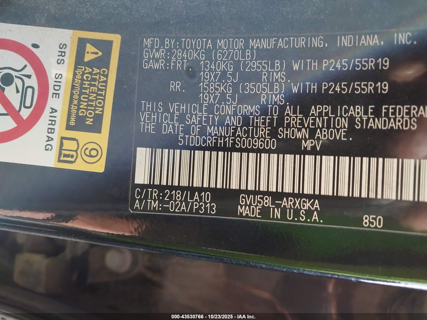 2015 TOYOTA HIGHLANDER HYBRID LIMITED PLATINUM V6 5TDDCRFH1FS009600