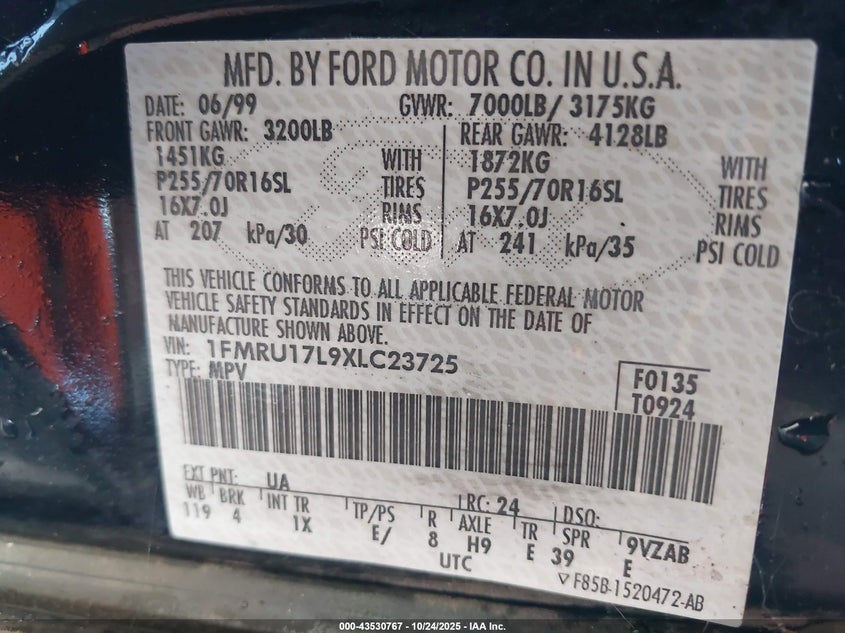 1999 Ford Expedition Eddie Bauer/Xlt VIN: 1FMRU17L9XLC23725 Lot: 43530767
