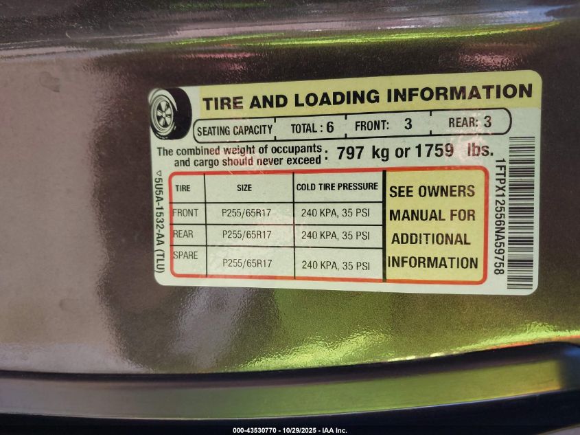 2006 Ford F-150 Lariat/Xl/Xlt VIN: 1FTPX12556NA59758 Lot: 43530770