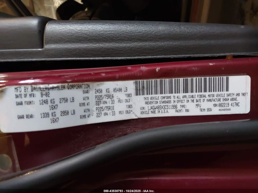 2003 Jeep Grand Cherokee Laredo VIN: 1J4GW48SX3C511996 Lot: 43530793