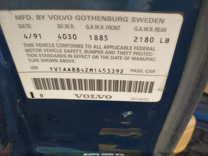 1991 Volvo 240 VIN: YV1AA8842M1453392 Lot: 43530798