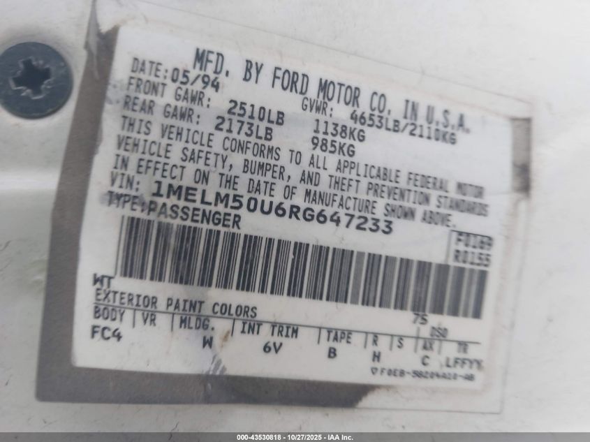 1994 Mercury Sable Gs VIN: 1MELM50U6RG647233 Lot: 43530818