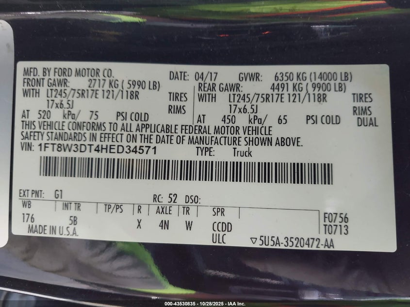 2017 Ford F-350 Lariat VIN: 1FT8W3DT4HED34571 Lot: 43530835