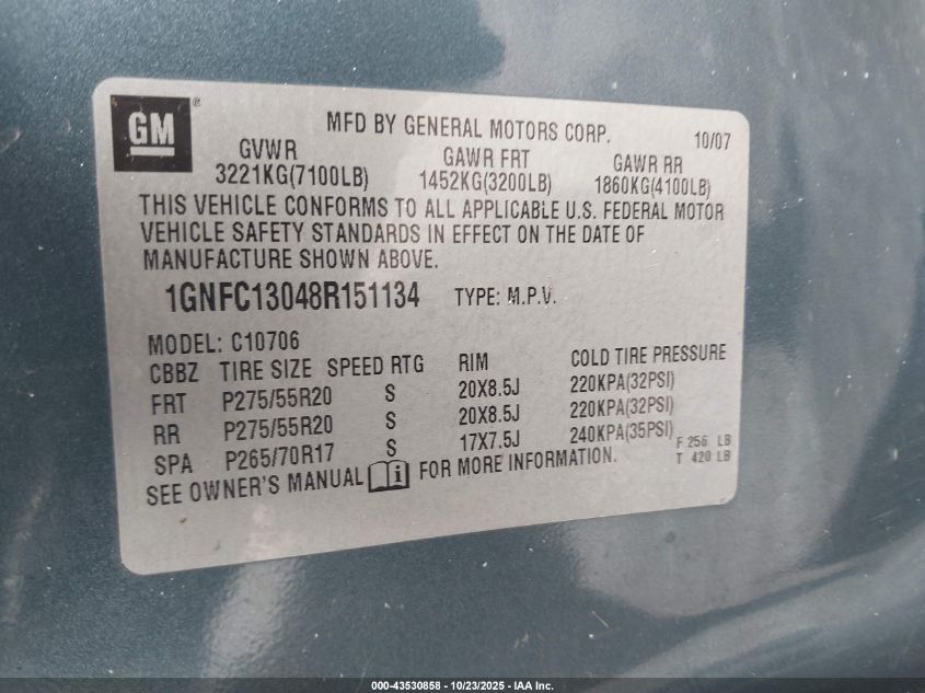 2008 Chevrolet Tahoe Ltz VIN: 1GNFC13048R151134 Lot: 43530858