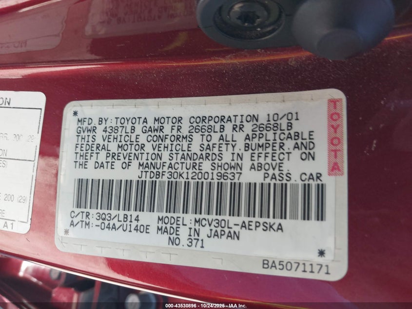 JTDBF30K120019637 2002 TOYOTA CAMRY photo no. 9