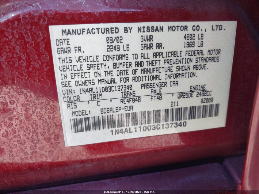 2003 Nissan Altima 2.5 S VIN: 1N4AL11D03C137340 Lot: 43530915