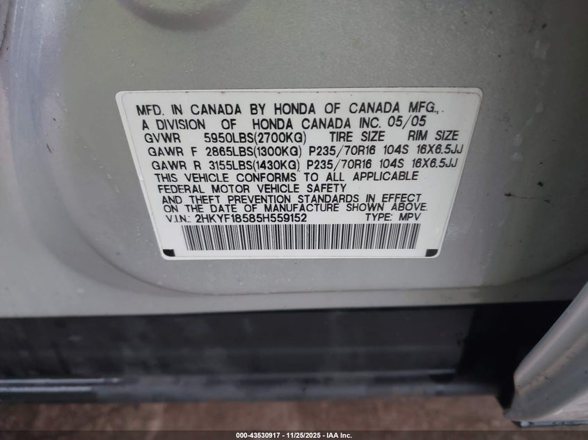 2005 Honda Pilot Ex-L VIN: 2HKYF18585H559152 Lot: 43530917