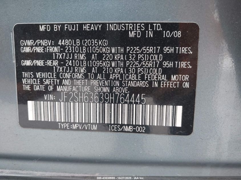 2009 Subaru Forester 2.5X VIN: JF2SH63639H764445 Lot: 43530959