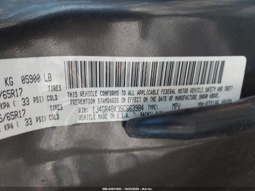 2005 Jeep Grand Cherokee Laredo VIN: 1J4GR48K35C663984 Lot: 43531003