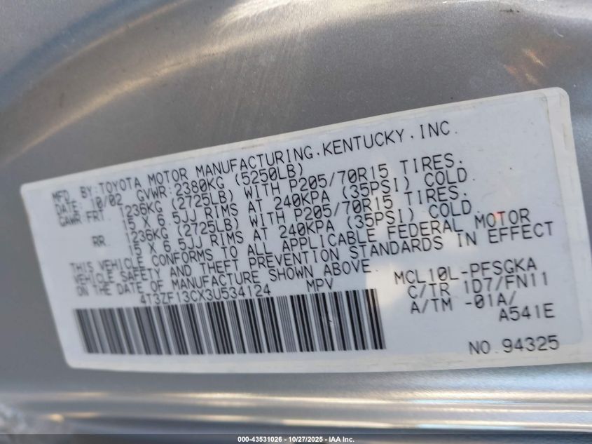 2003 Toyota Sienna Le VIN: 4T3ZF13CX3U534124 Lot: 43531026