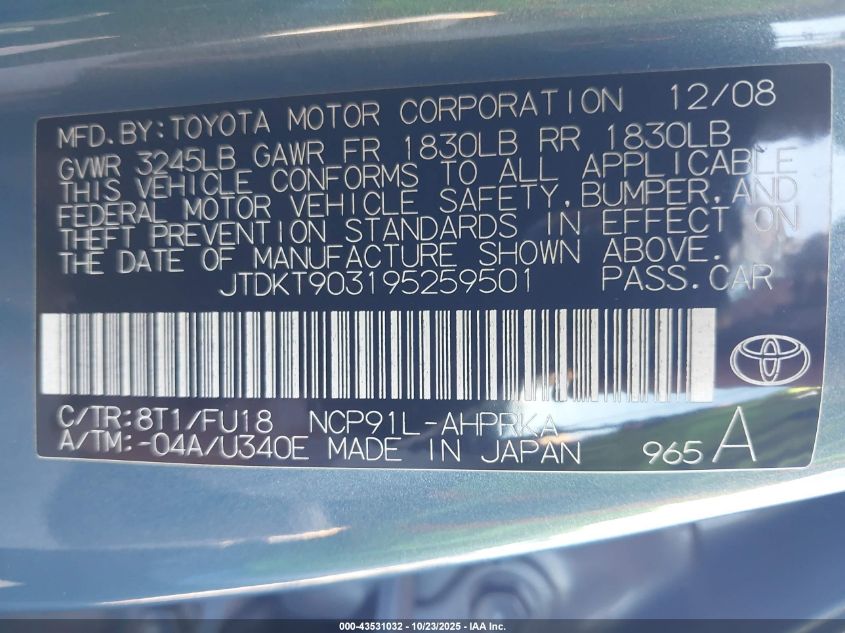 2009 Toyota Yaris VIN: JTDKT903195259501 Lot: 43531032