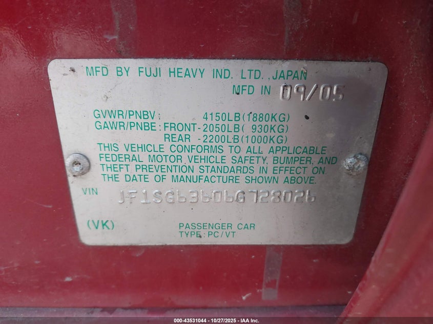 2006 Subaru Forester 2.5X VIN: JF1SG63606G728026 Lot: 43531044