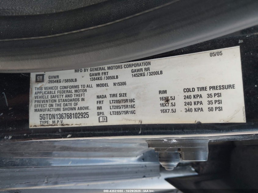 2006 Hummer H3 Suv VIN: 5GTDN136768102925 Lot: 43531055