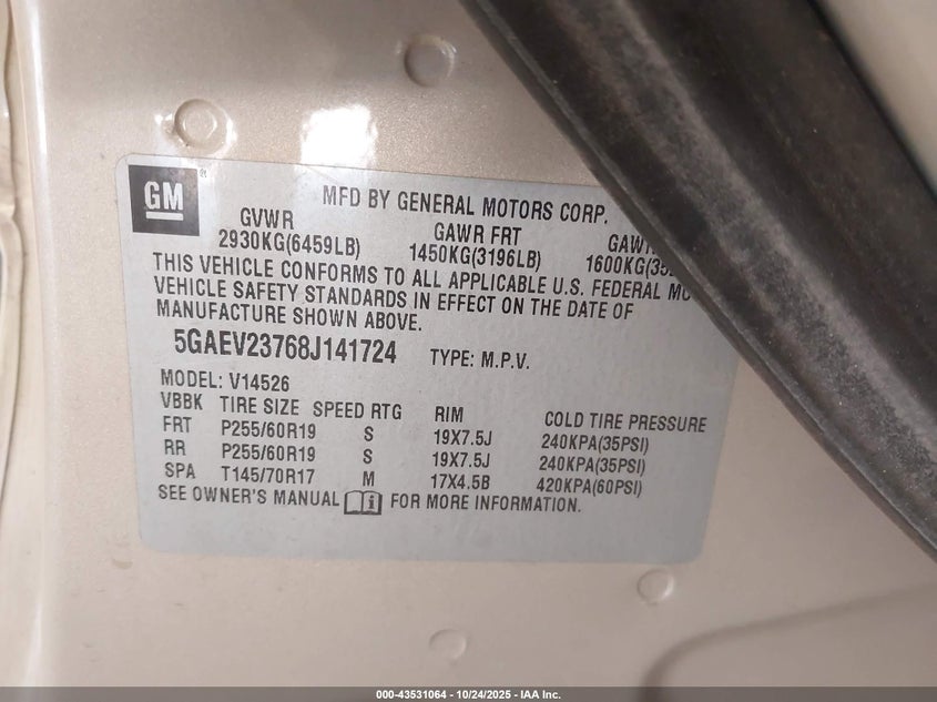 2008 Buick Enclave Cxl VIN: 5GAEV23768J141724 Lot: 43531064