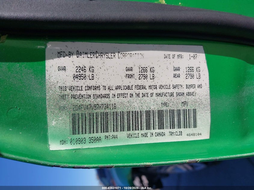 2007 Dodge Magnum VIN: 2D4FV47V97H734116 Lot: 43531071