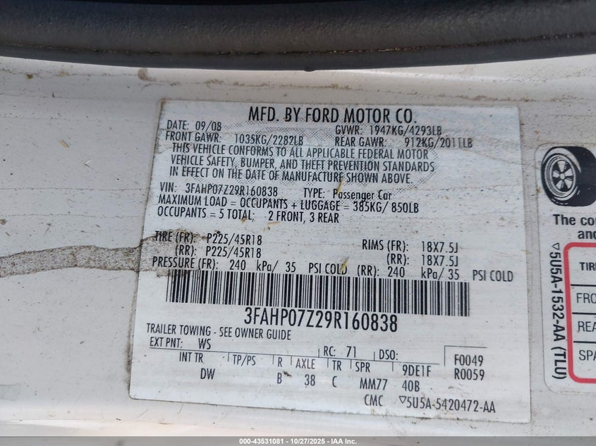 2009 Ford Fusion Se VIN: 3FAHP07Z29R160838 Lot: 43531081