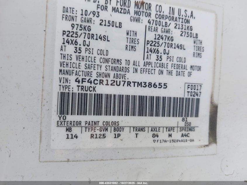 1994 Mazda B3000 VIN: 4F4CR12U7RTM38655 Lot: 43531082