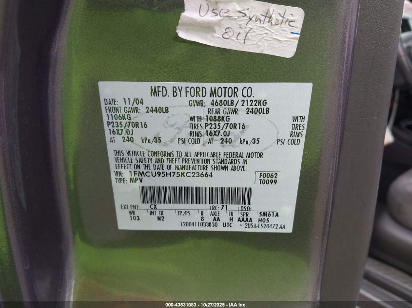 2005 Ford Escape Hybrid VIN: 1FMCU95H75KC23664 Lot: 43531083