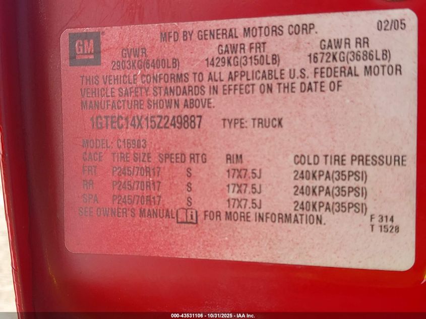 2005 GMC Sierra 1500 Work Truck VIN: 1GTEC14X15Z249887 Lot: 43531106