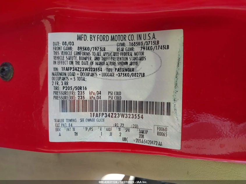 1FAFP34Z23W323554 2003 FORD FOCUS photo no. 9