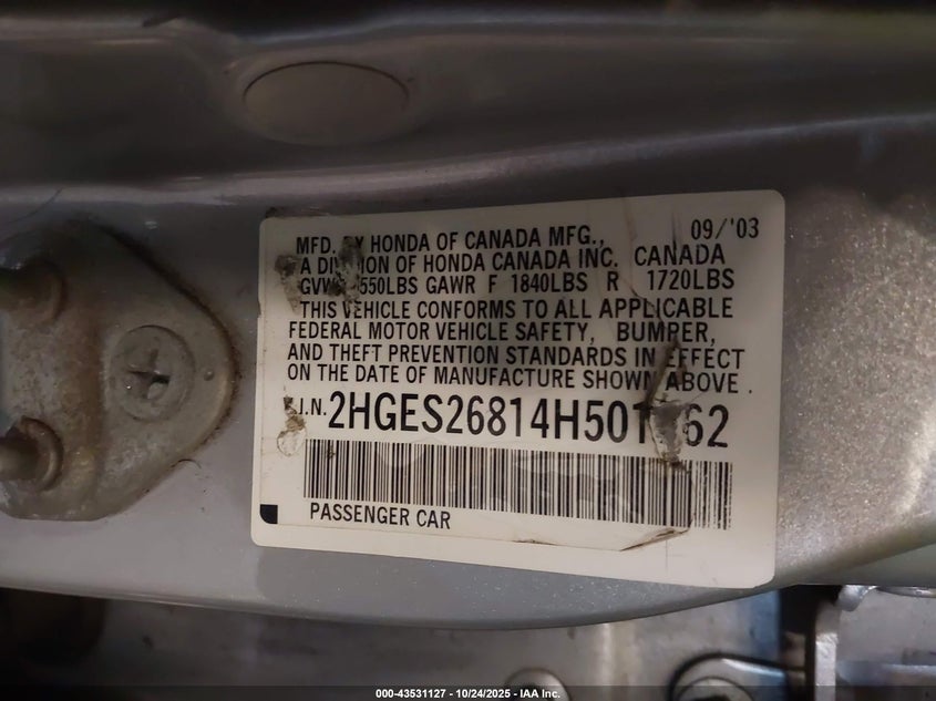 2004 Honda Civic Ex VIN: 2HGES26814H501362 Lot: 43531127