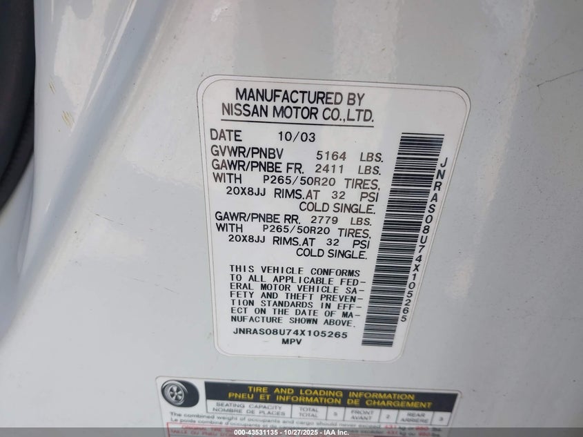 2004 Infiniti Fx35 VIN: JNRAS08U74X105265 Lot: 43531135