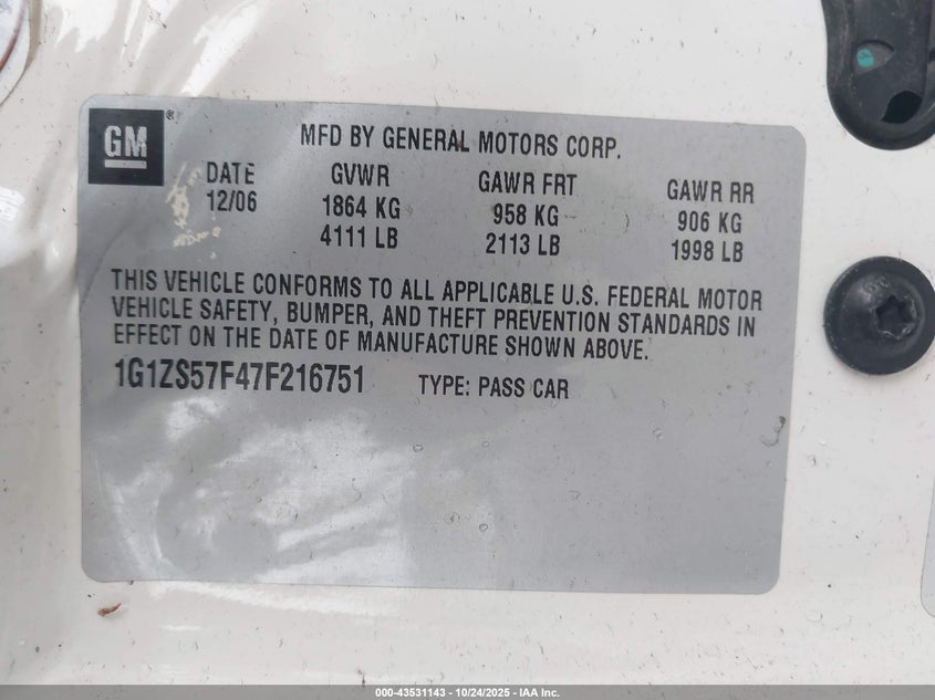 2007 Chevrolet Malibu Ls VIN: 1G1ZS57F47F216751 Lot: 43531143