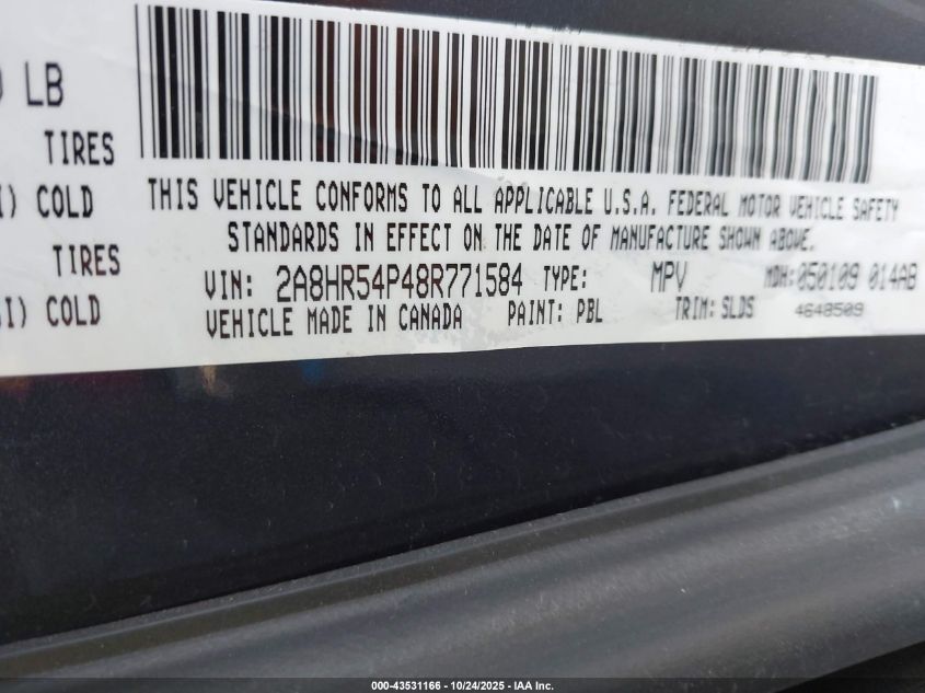 2008 Chrysler Town & Country Touring VIN: 2A8HR54P48R771584 Lot: 43531166