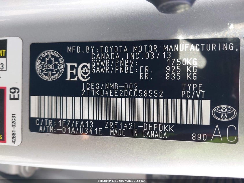 2013 Toyota Matrix VIN: 2T1KU4EE2DC058552 Lot: 43531177