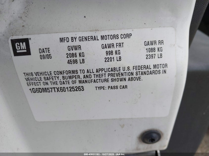 2006 Cadillac Cts Standard VIN: 1G6DM57TX60125263 Lot: 43531193