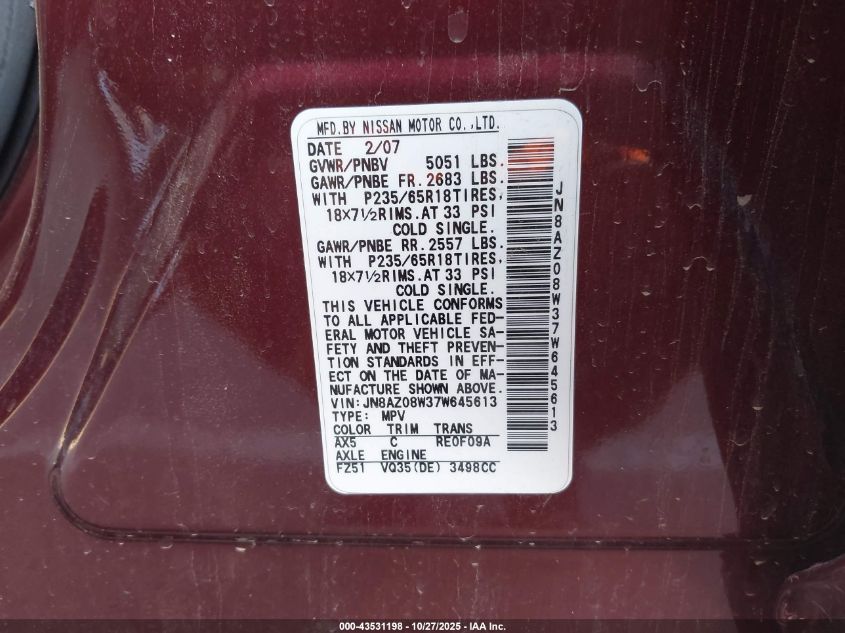 2007 Nissan Murano Se VIN: JN8AZ08W37W645613 Lot: 43531198