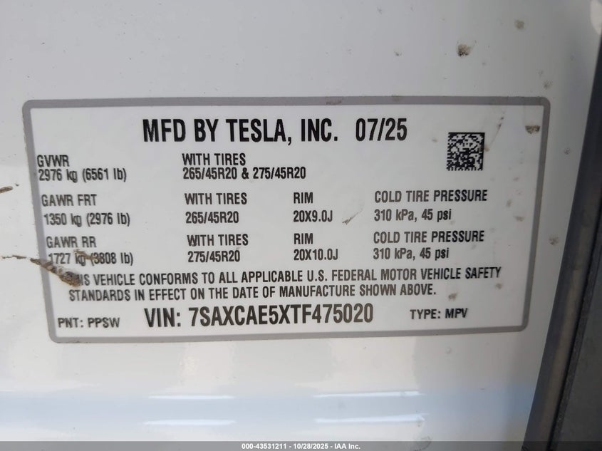 2026 Tesla Model X VIN: 7SAXCAE5XTF475020 Lot: 43531211