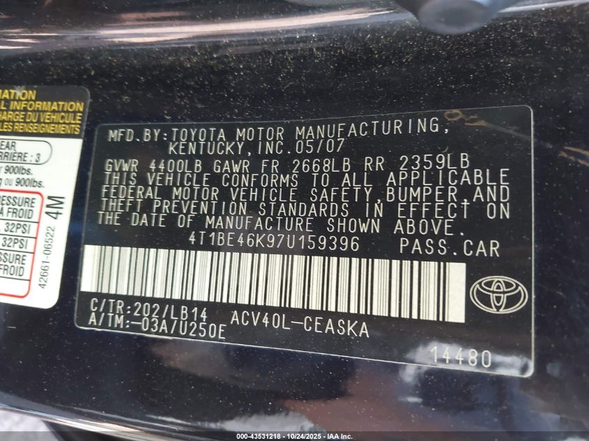 2007 Toyota Camry Se VIN: 4T1BE46K97U159396 Lot: 43531218