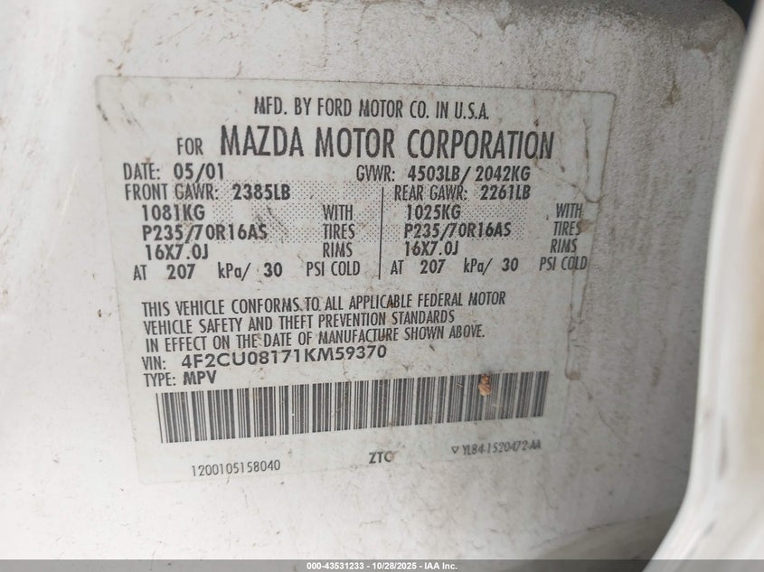 4F2CU08171KM59370 2001 MAZDA TRIBUTE photo no. 9