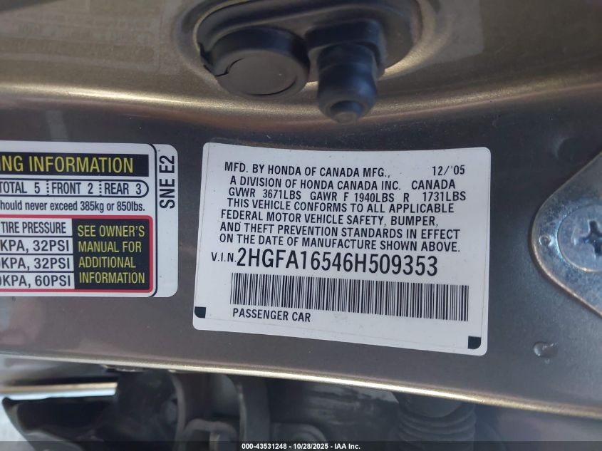 2006 Honda Civic Lx VIN: 2HGFA16546H509353 Lot: 43531248