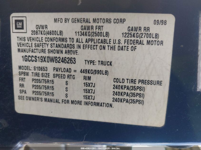 1998 Chevrolet S-10 Ls Sportside VIN: 1GCCS19X0W8246263 Lot: 43531251