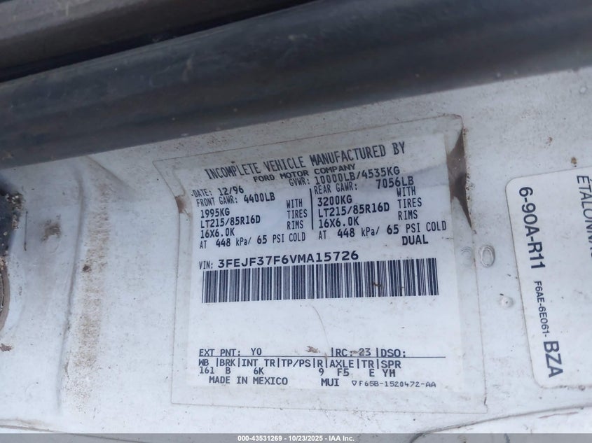1997 Ford F-350 Chassis Xl VIN: 3FEJF37F6VMA15726 Lot: 43531269