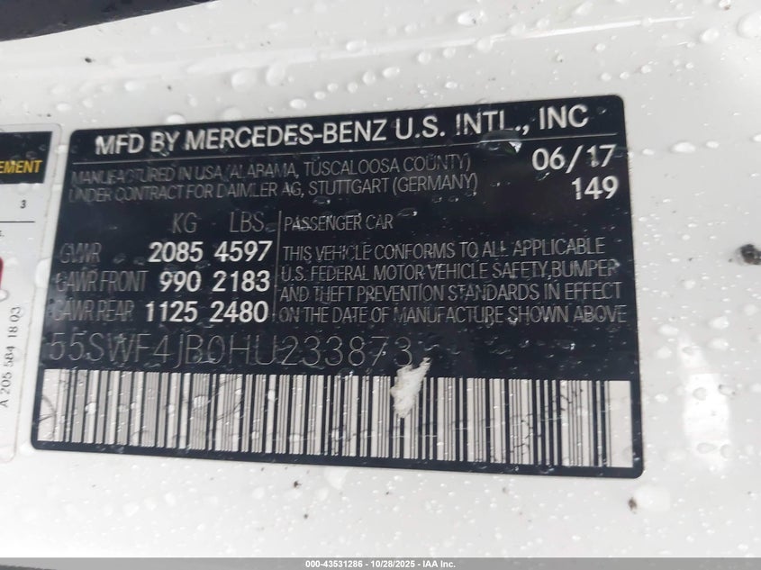 2017 Mercedes-Benz C 300 VIN: 55SWF4JB0HU233873 Lot: 43531286