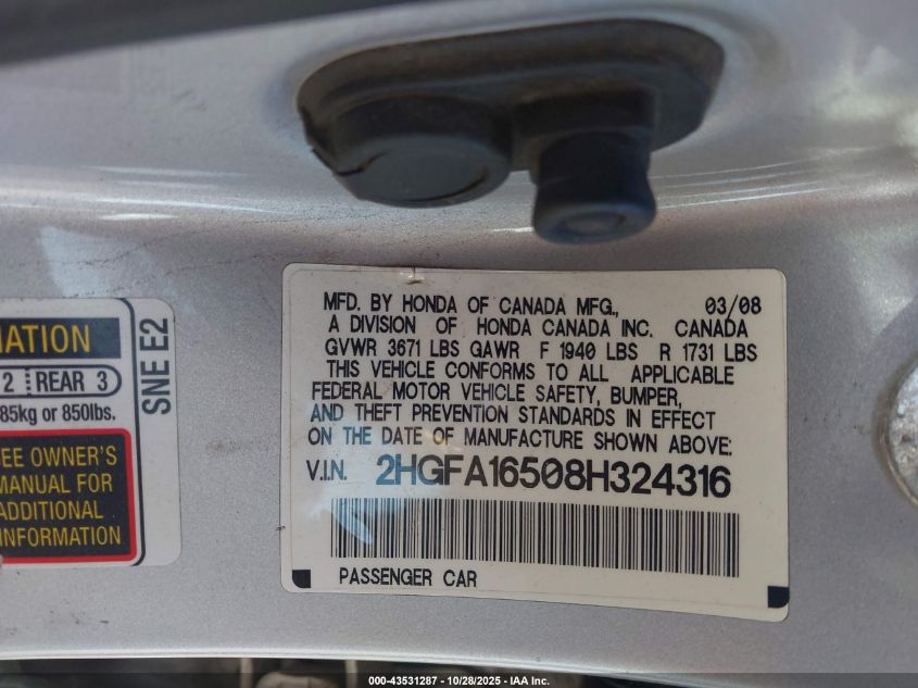 2008 Honda Civic Lx VIN: 2HGFA16508H324316 Lot: 43531287