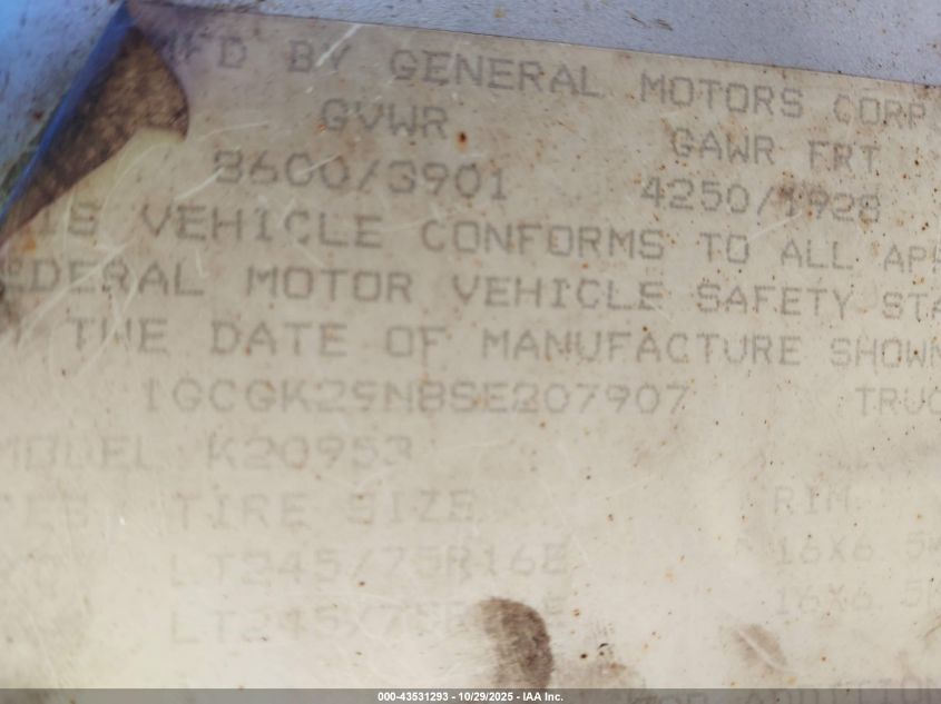 1995 Chevrolet Gmt-400 K2500 VIN: 1GCGK29N8SE207907 Lot: 43531293