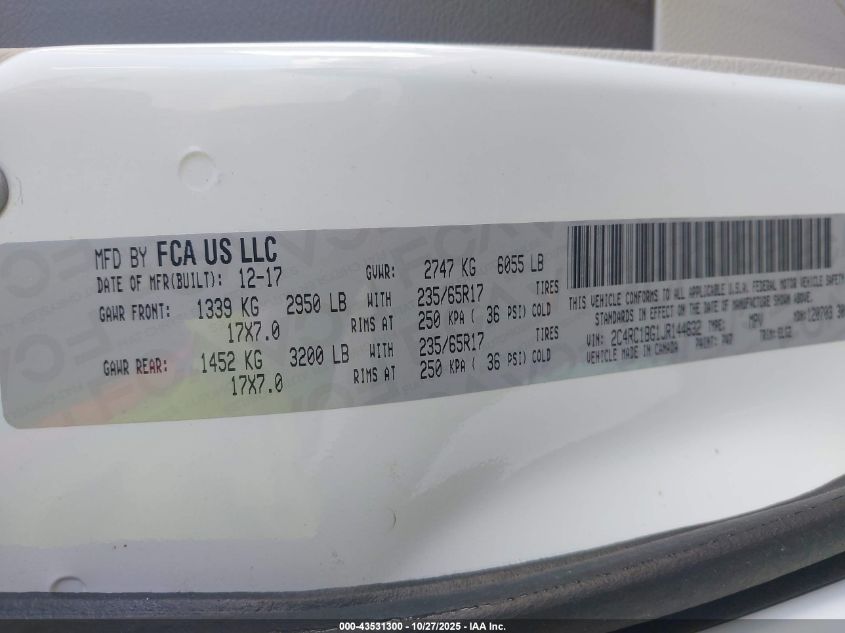 2018 Chrysler Pacifica Touring L VIN: 2C4RC1BG1JR144632 Lot: 43531300