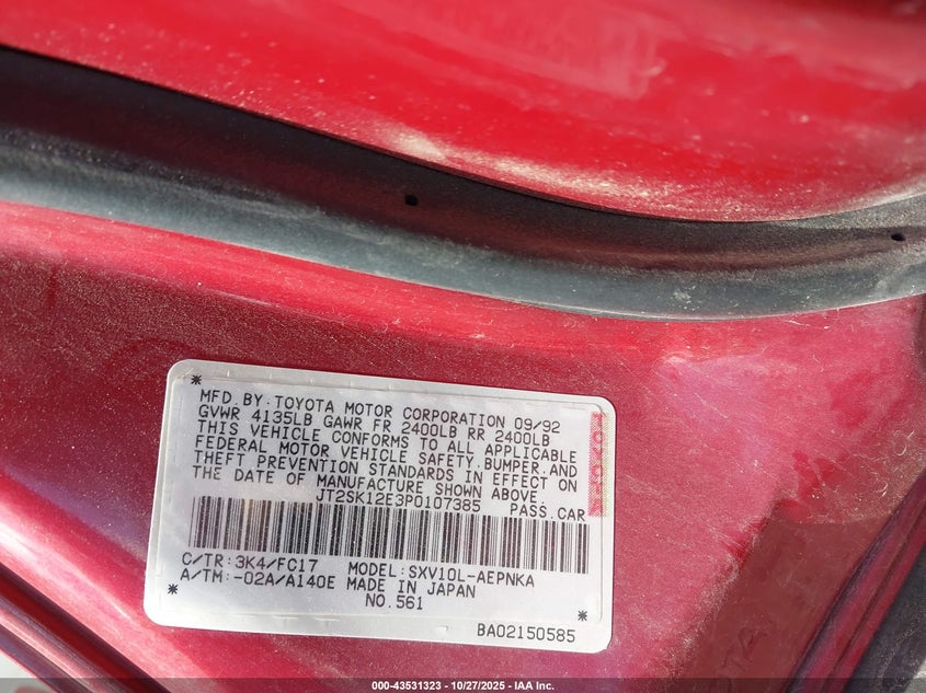 1993 Toyota Camry Le VIN: JT2SK12E3P0107385 Lot: 43531323