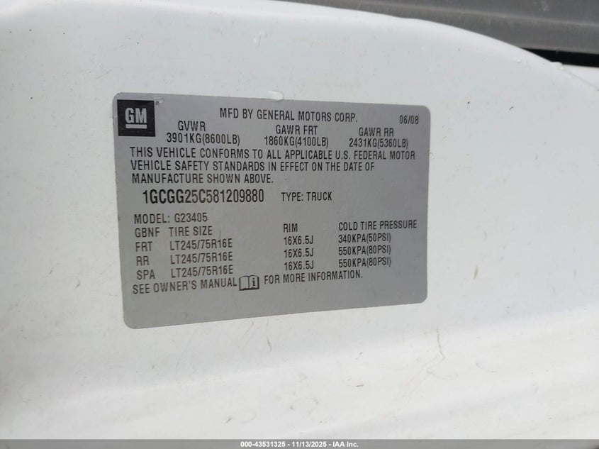 2008 Chevrolet Express Work Van VIN: 1GCGG25C581209880 Lot: 43531325