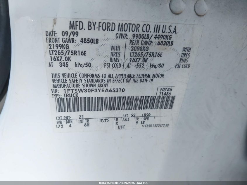 2000 Ford F-350 Lariat/Xl/Xlt VIN: 1FTSW30F3YEA65310 Lot: 43531330
