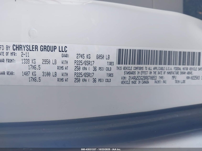 2011 Volkswagen Routan Sel VIN: 2V4RW5DG2BR670853 Lot: 43531337